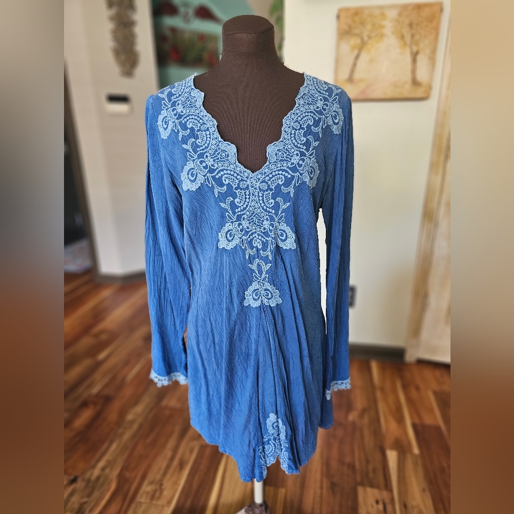 JOHNNY WAS - Deep V Boho Blue Dress